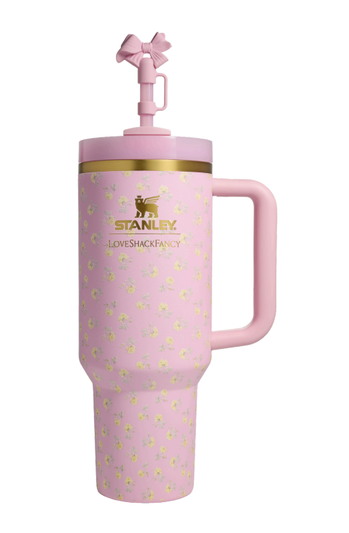 LoveShackFancy x Stanley 40 oz Quencher H2.0 FlowState Tumbler in the pink floral Polaroid Rose print.