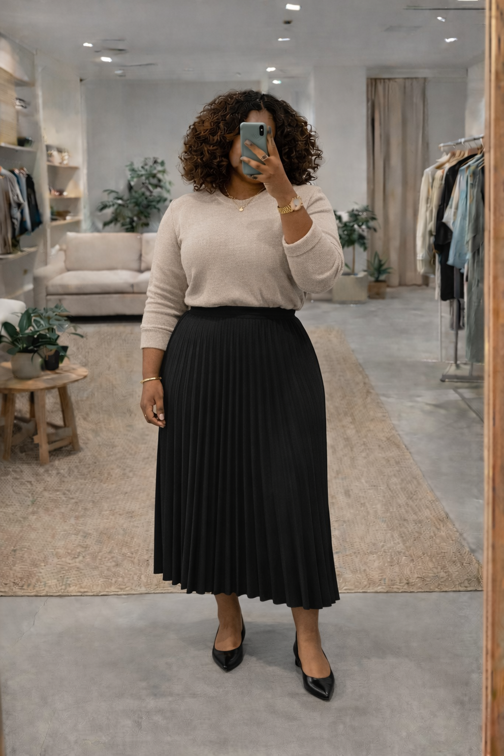An African american woman with brown curly hair taking a mirror selfie in a chic boutique,wearing a cream cashmere crewneck sweater tucked into a high-waisted black pleated midi skirt. She is accessorized with a gold watch and a delicate gold necklac