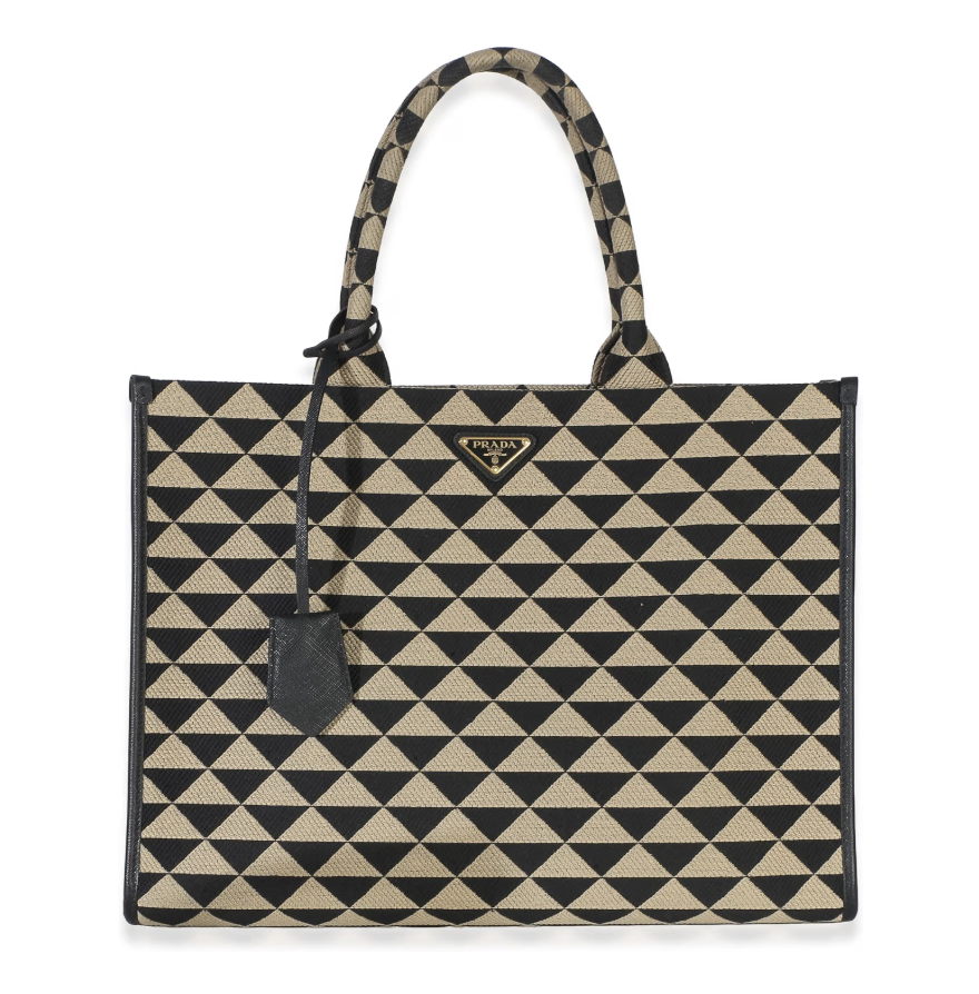 Authenticated pre-loved Prada Triangolo Symbole embroidered canvas tote in beige and black