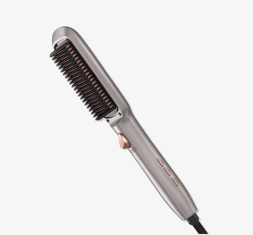 Conair Tension Control Straightening Brush in a sleek gray and rose gold finish with professional straightening bristles.