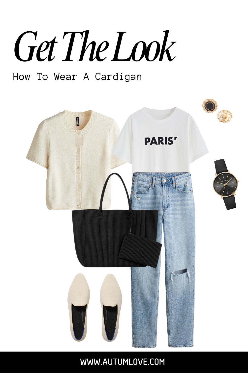 Style collage showing a short-sleeve cream cardigan layered over a Paris graphic tee with light wash skinny jeans, black tote bag, and white ballet flats.