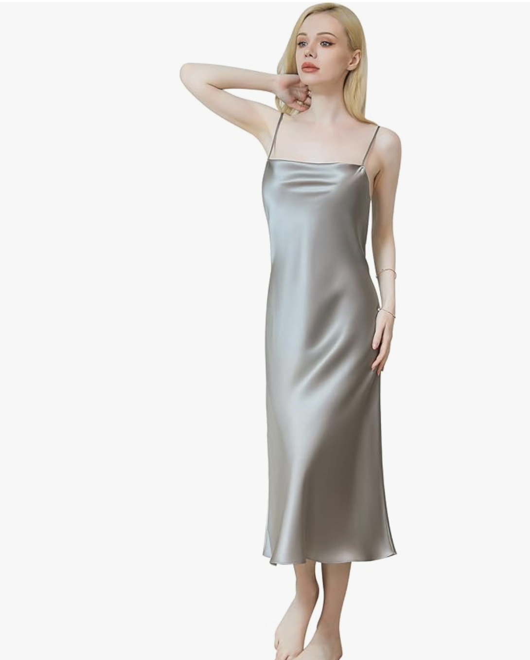 A pro stylist-recommended silver silk cowl-neck nightgown, ideal for layering under sweaters or blazers for a versatile look.