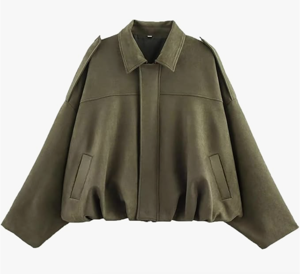 Front view of an olive green faux suede bomber jacket with a structured collar, zip front, and elasticized hem.