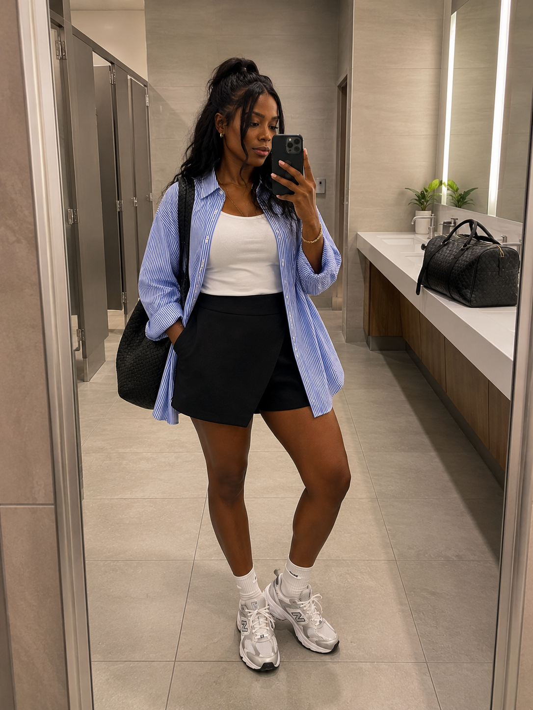 A woman styling a casual travel outfit featuring a black wrap skort, a white tank top, and an oversized blue and white striped button-down shirt worn open, paired with sporty white sneakers.