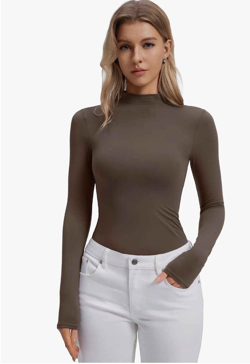 Chocolate brown fitted mock-neck long-sleeve top.