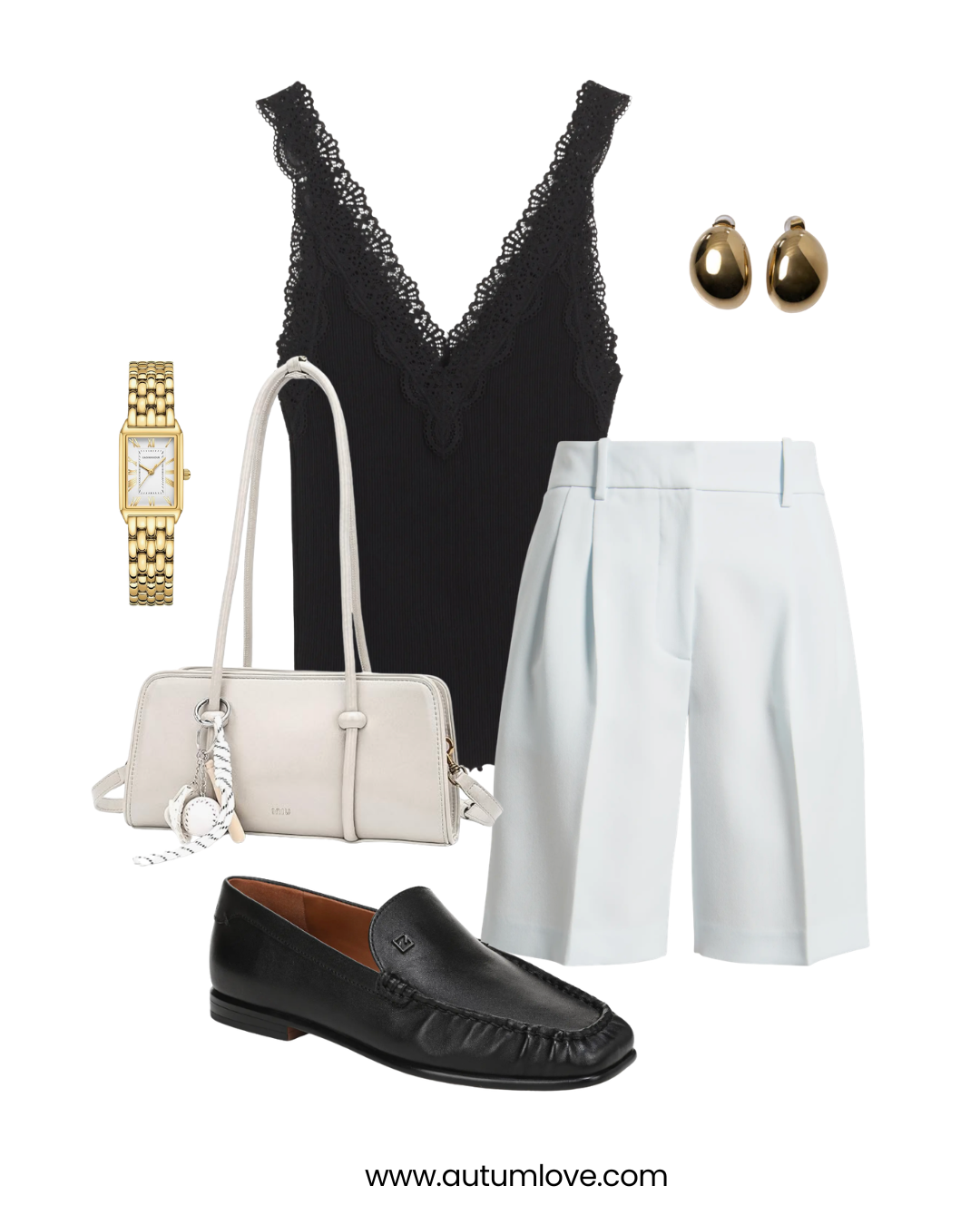 A flat-lay office outfit featuring light blue tailored shorts, a black lace-trim camisole, a white leather handbag, black leather loafers, and a gold watch.