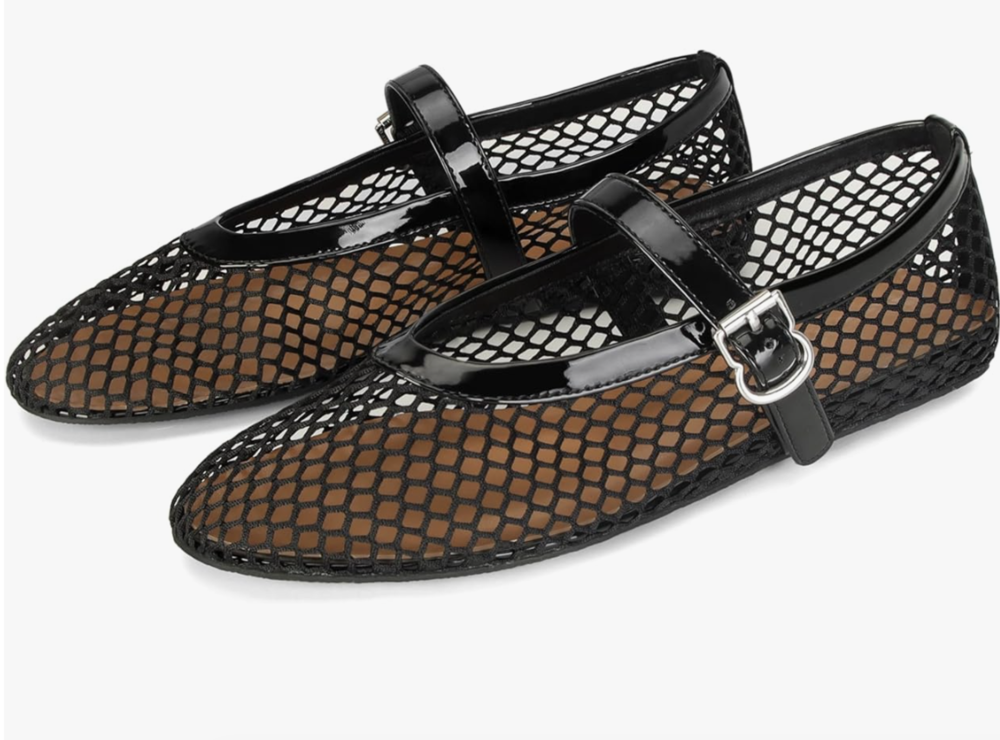 A pair of black mesh ballet flats with a Mary Jane style buckle strap, a chic and breathable shoe option to pair with white cropped jeans for a modern look.