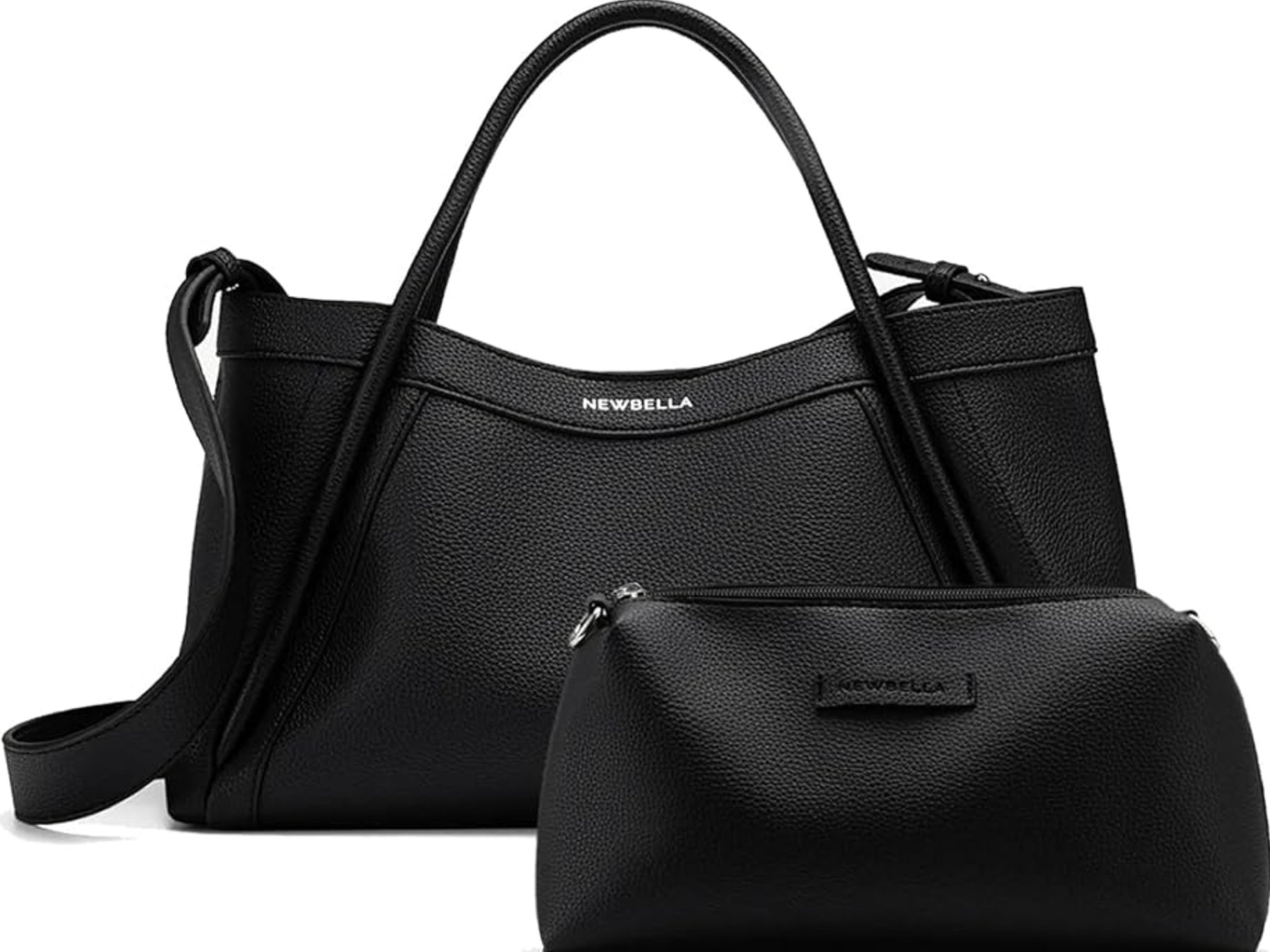 A sleek, black Vegan Leather Tote Bag with a structured silhouette and minimal hardware, shown as a professional and spacious accessory for an Amazon work capsule wardrobe.