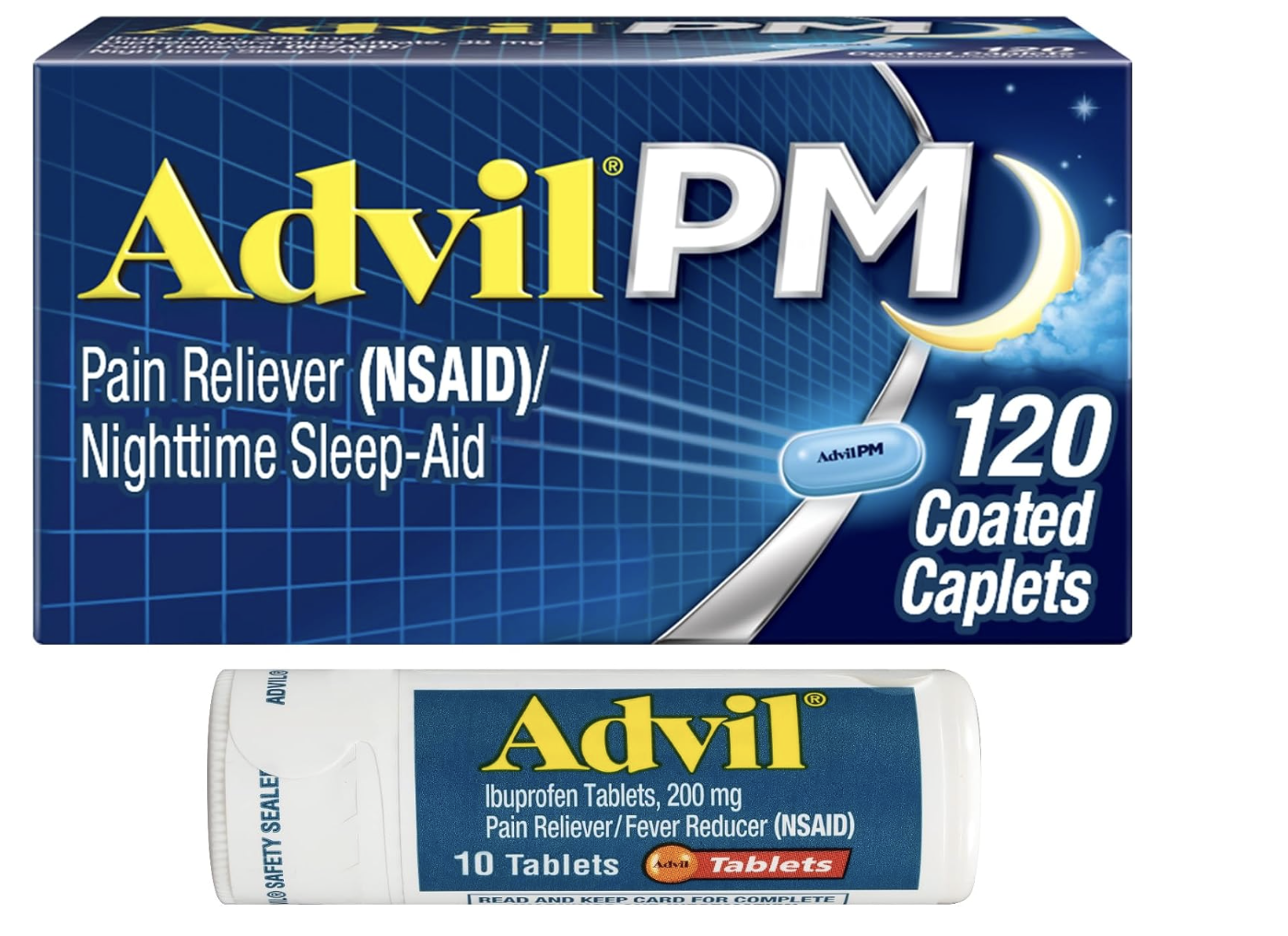 Small labeled pain-relief packet in a travel pouch