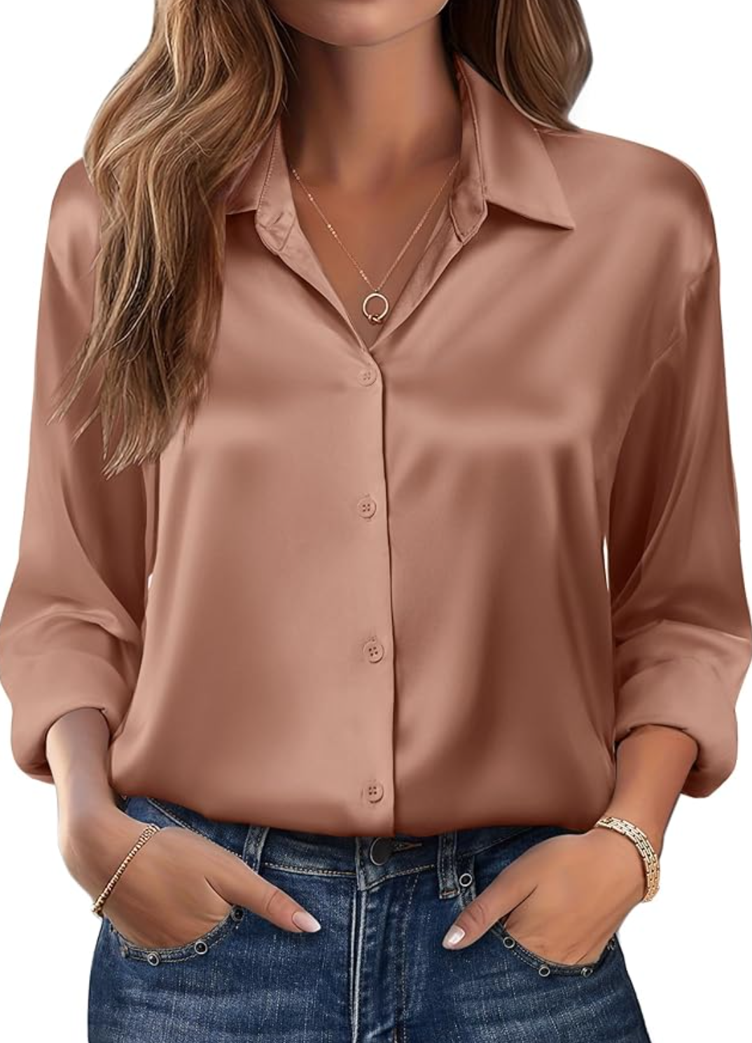 Long Sleeve Satin Silk Button Down