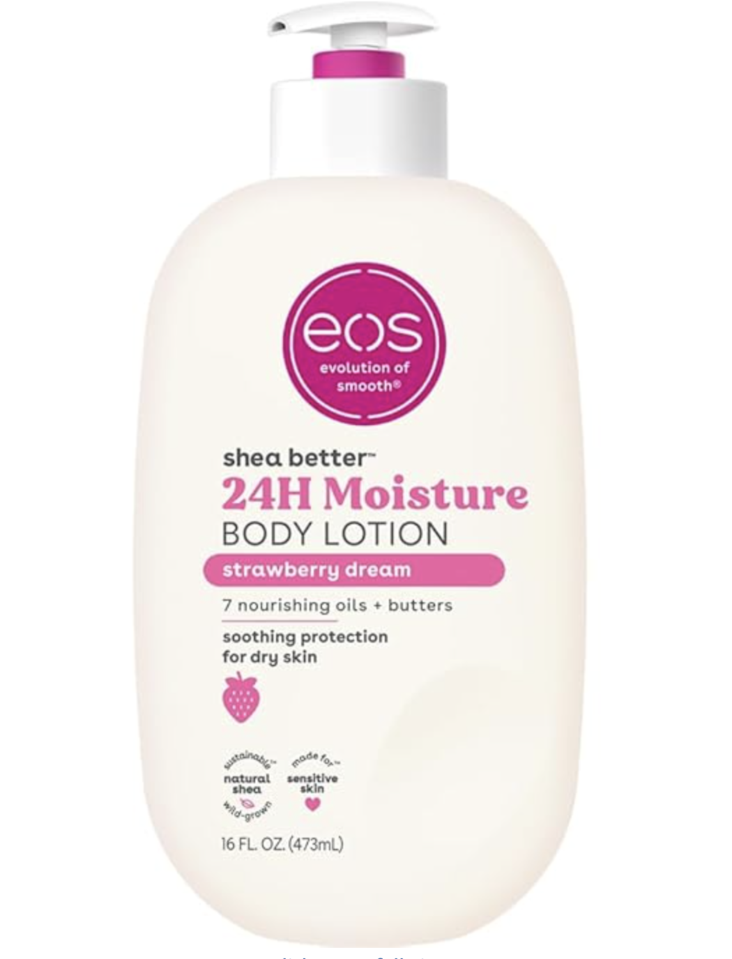 A 16 fl oz white pump bottle of eos Shea Better 24H Moisture Body Lotion in the Strawberry Dream scent, featuring pink accents and a small strawberry icon on the label.