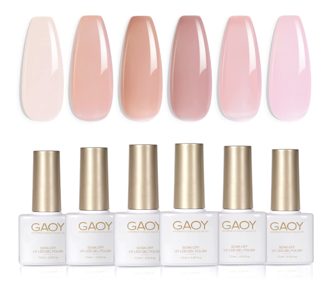 A collection of GAOY Milky White Jelly Gel Polish bottles in various sheer nude and white shades.