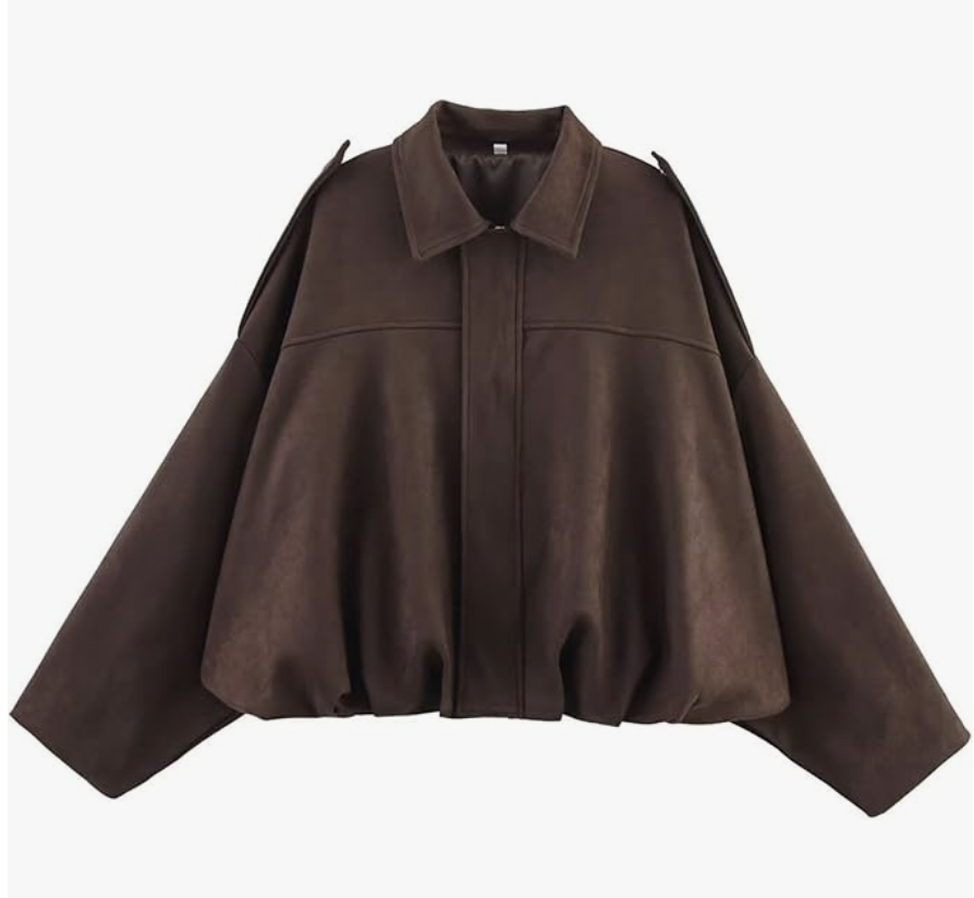Chocolate brown Xunger faux-suede bomber jacket with a relaxed cropped silhouette.