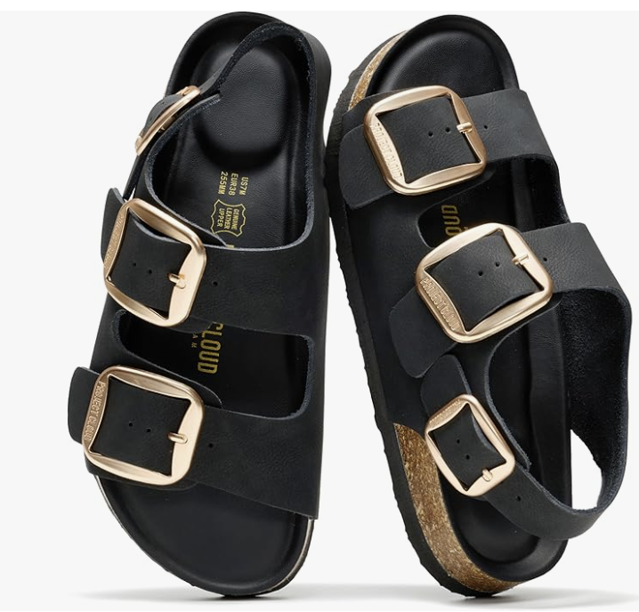 Black leather Project Cloud Garda sandals featuring a cushioned memory foam footbed, rose gold buckles, and an adjustable slingback strap.