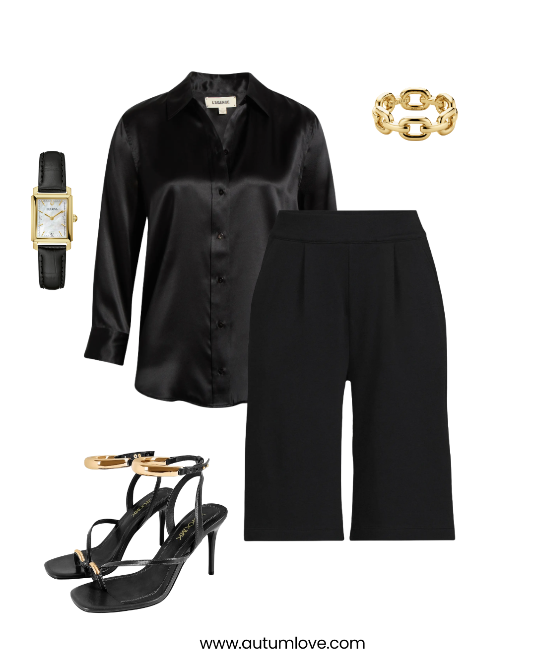 A flat-lay office outfit featuring a black silk button-down blouse, black tailored knee-length shorts, black stiletto sandals with gold ankle hardware, and a gold rectangular watch.