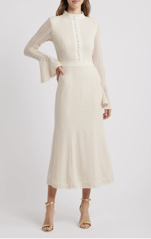 "Elliatt Kailee Texture Long Sleeve Midi Dress in cream, featuring a structured long-sleeve silhouette and textured performance fabric."