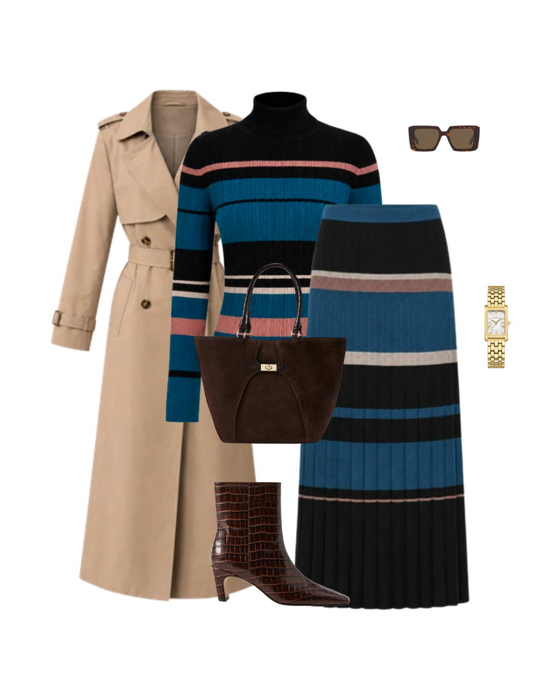 Full-length winter church outfit featuring knit matching set long coat and practical footwear