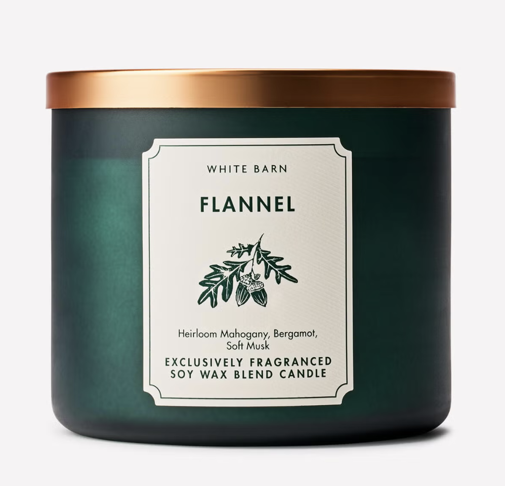 Bath & Body Works Flannel three-wick candle.