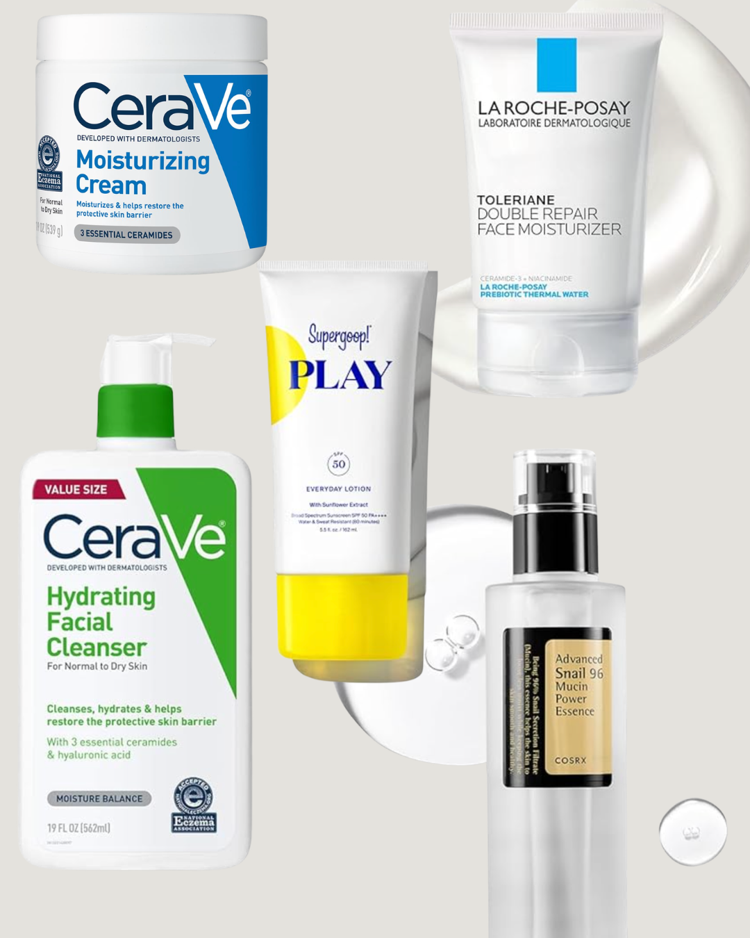 A curated flat lay of Amazon Prime Day skincare deals featuring CeraVe cleanser and cream, Supergoop! sunscreen, and La Roche-Posay moisturizer.