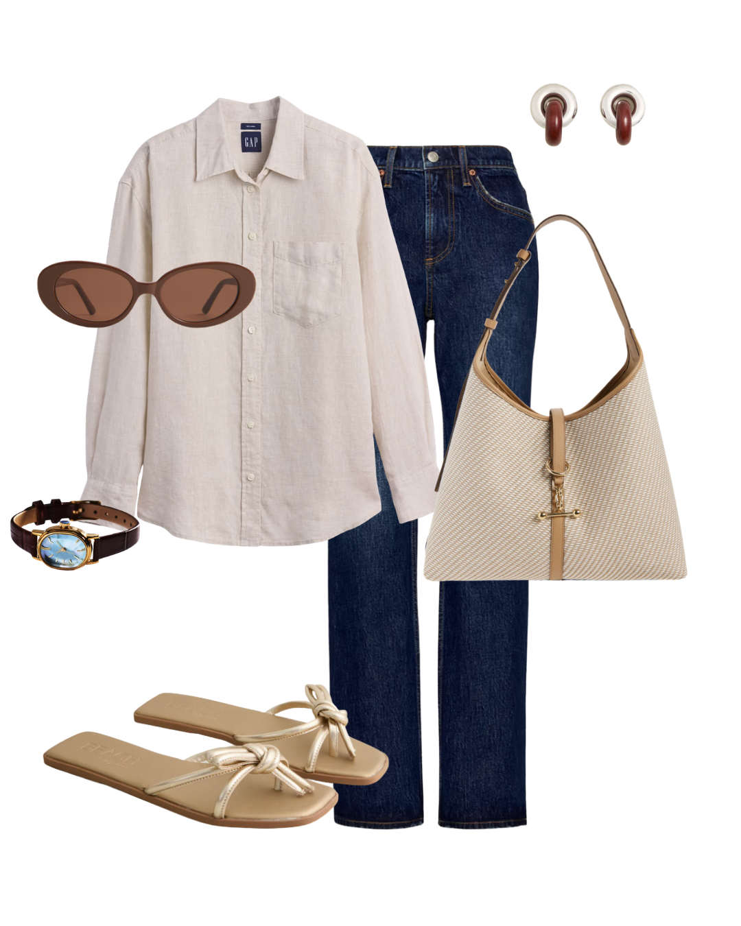 Flat lay of a casual Paris museum outfit with a beige linen button-down shirt, dark wash straight-leg jeans, tortoiseshell sunglasses, and a woven shoulder bag.