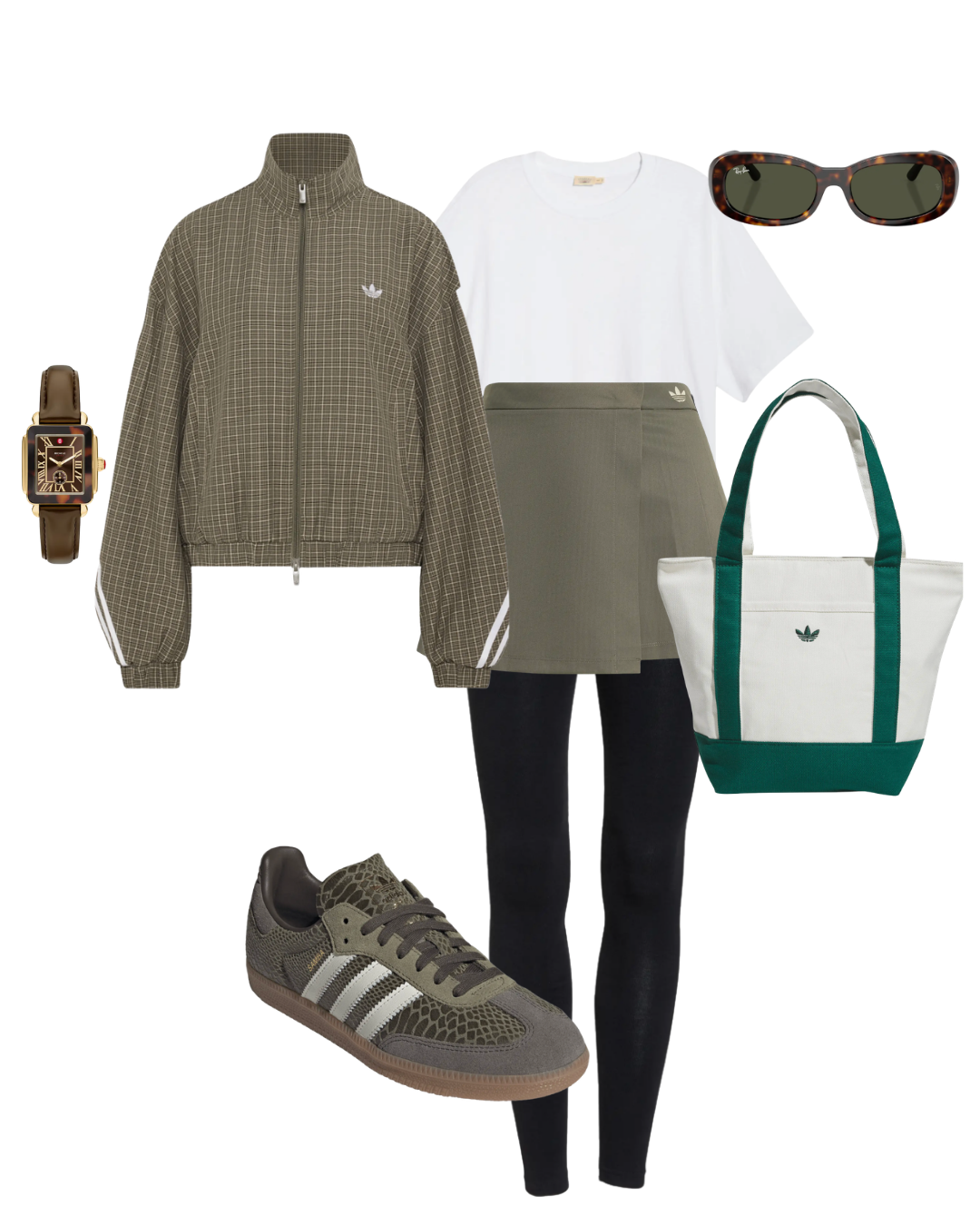 Flat lay layout featuring an olive green pleated mini skirt and black leggings paired with an olive plaid track jacket, white t-shirt, olive sneakers, green tote bag, sunglasses, and a watch.