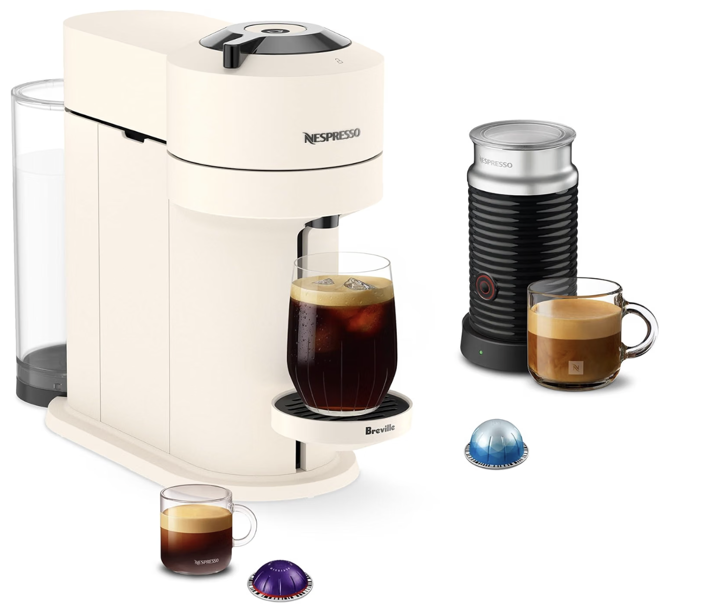 Nespresso Vertuo Next coffee machine with milk frother on a kitchen counter