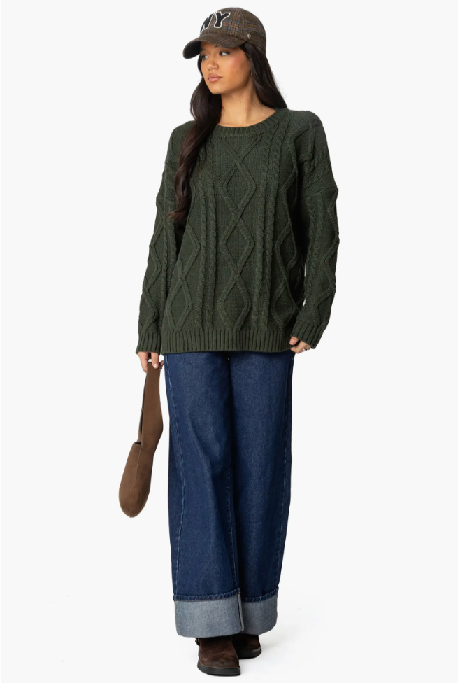 EDIKTED dark green oversized cable-knit sweater styled with wide-leg cuffed jeans