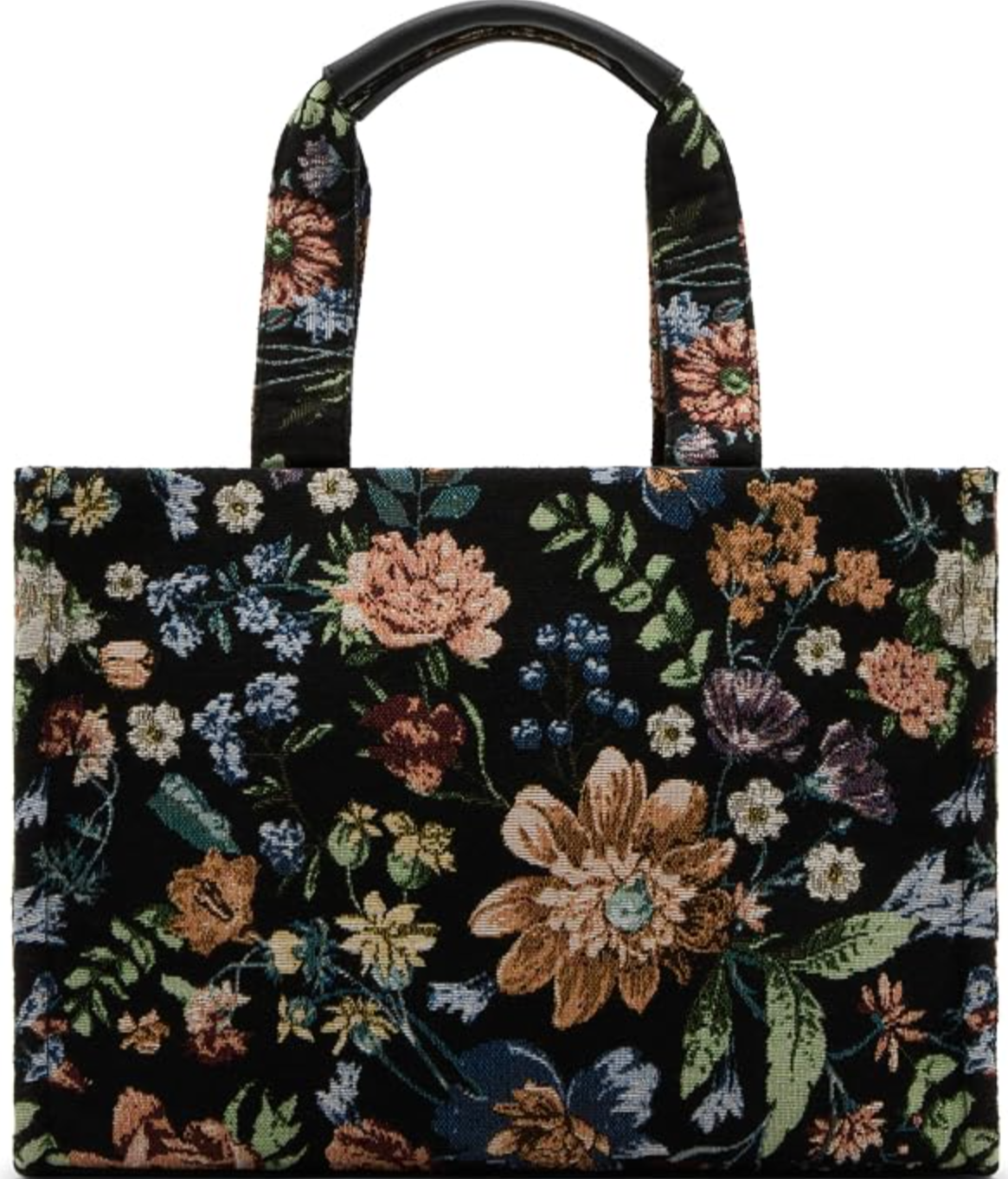A dark floral tapestry tote bag featuring pink, cream, and orange flowers with two shoulder straps on a transparent background.