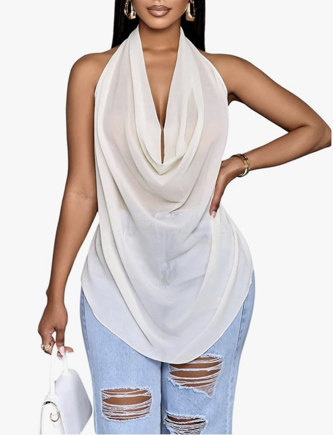 Cowl Neck Halter Top Tie Backless Shirt