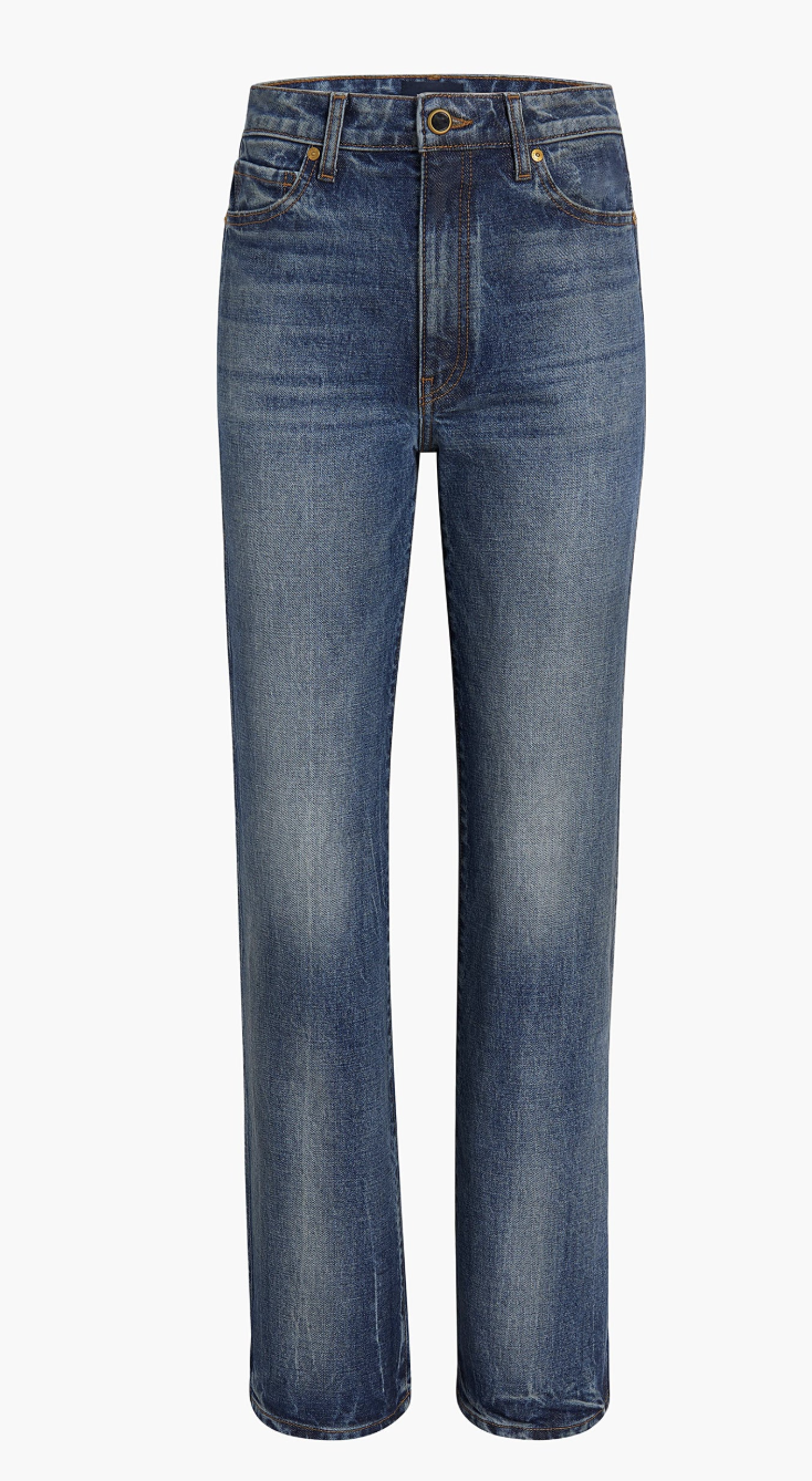 Rear view of an editor-recommended pair of high-waisted, straight-leg jeans designed to lift and flatter a flat bottom.