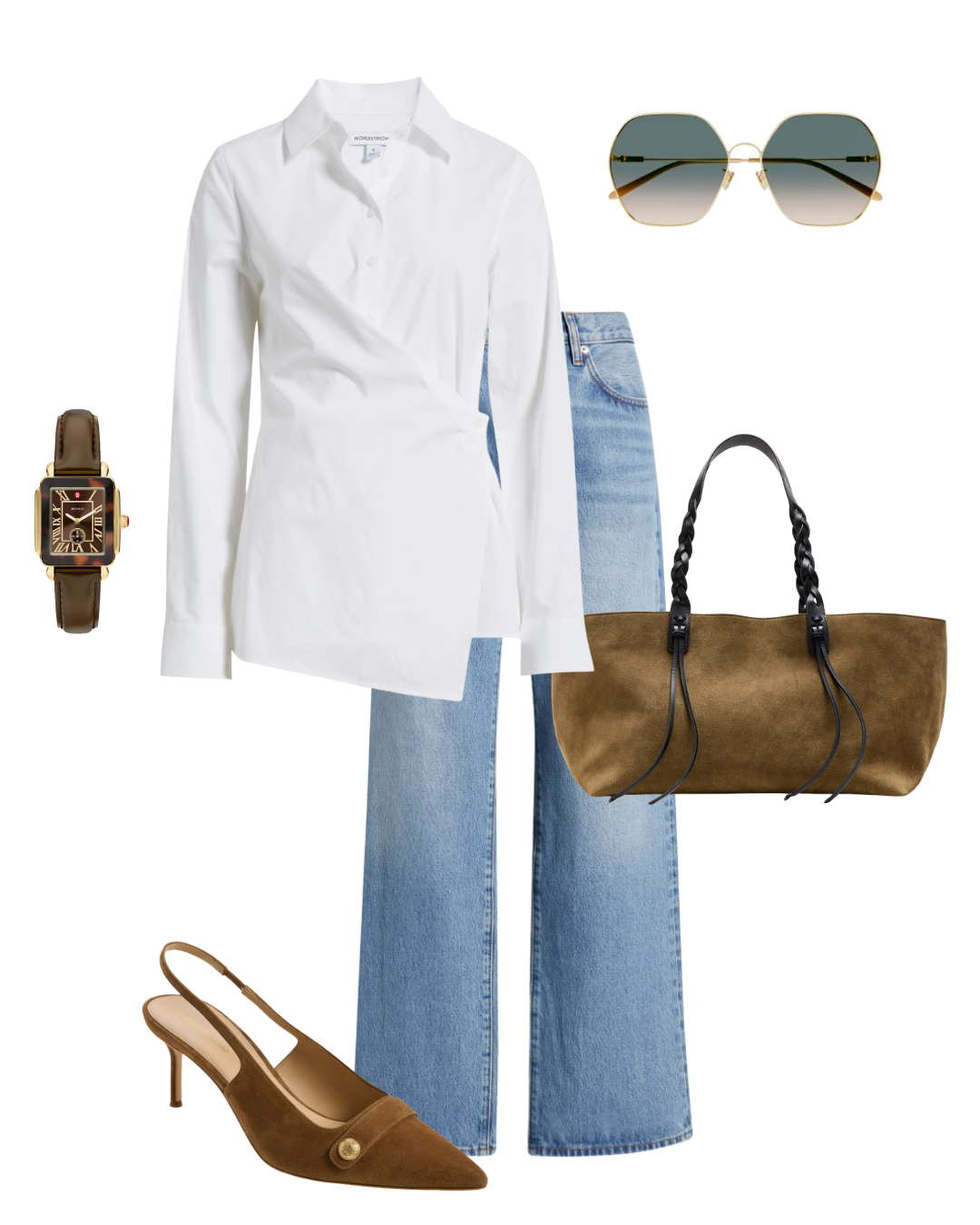Relaxed jeans elevated with a structured jacket, leather belt and polished handbag.