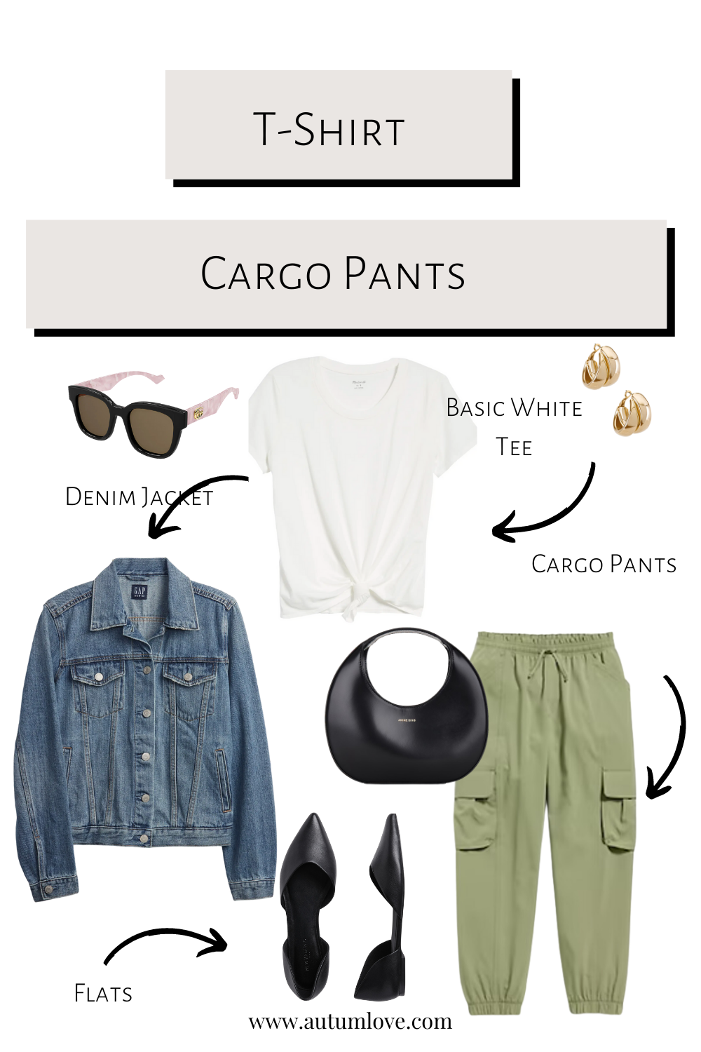 Stylist outfit guide featuring a white t-shirt knotted at the waist, paired with neutral cargo pants for a modern, shapely silhouette.