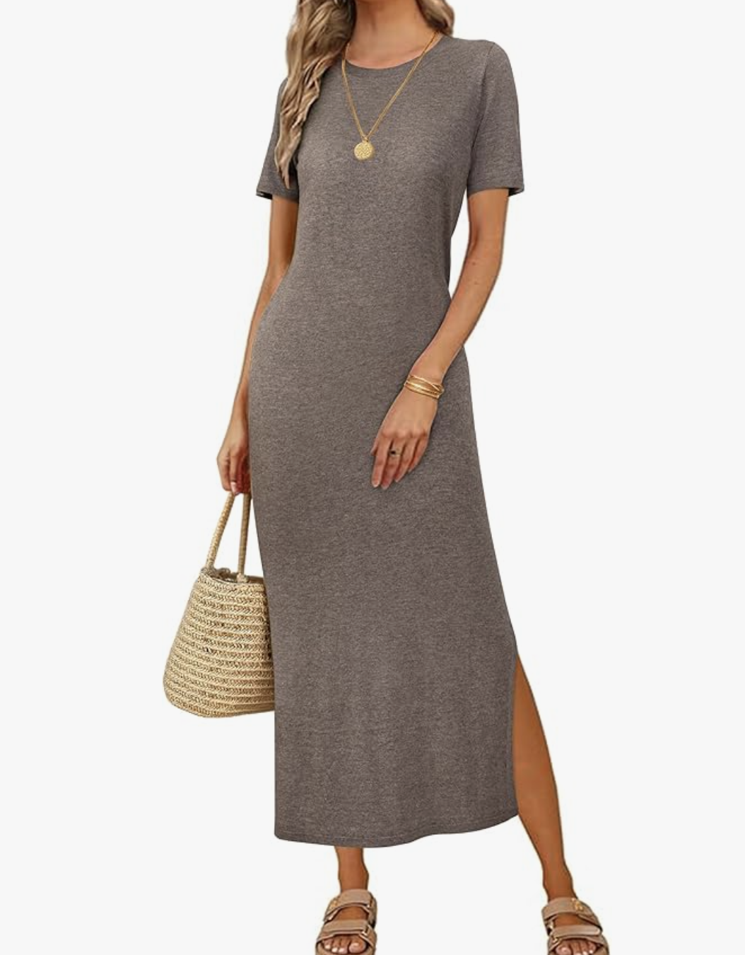 A woman wearing a grey short-sleeve Casual T Shirts Maxi Dress with a side slit, styled for a casual summer BBQ outfit.