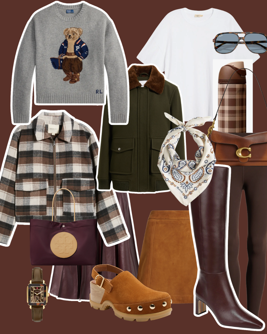 Flat lay layout featuring fall outfit combinations of skirts, leggings, sweaters, clogs, and accessories on a brown background.