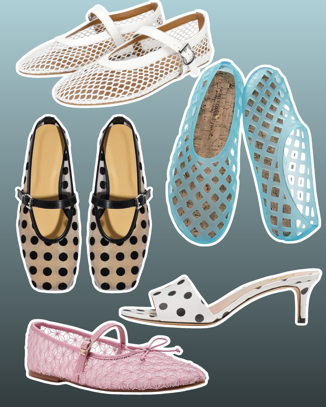 A curated collection of comfortable summer shoes, including black polka-dot Mary Janes, mesh ballet flats, a low kitten-heel mule, and a pink floral lace flat lay graphic.