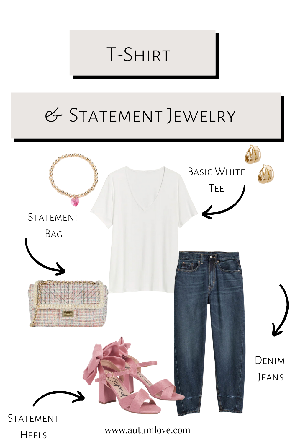 Stylist accessory guide featuring a basic white v-neck t-shirt paired with a gold and pink statement necklace, chunky gold hoop earrings, and a luxury handbag.