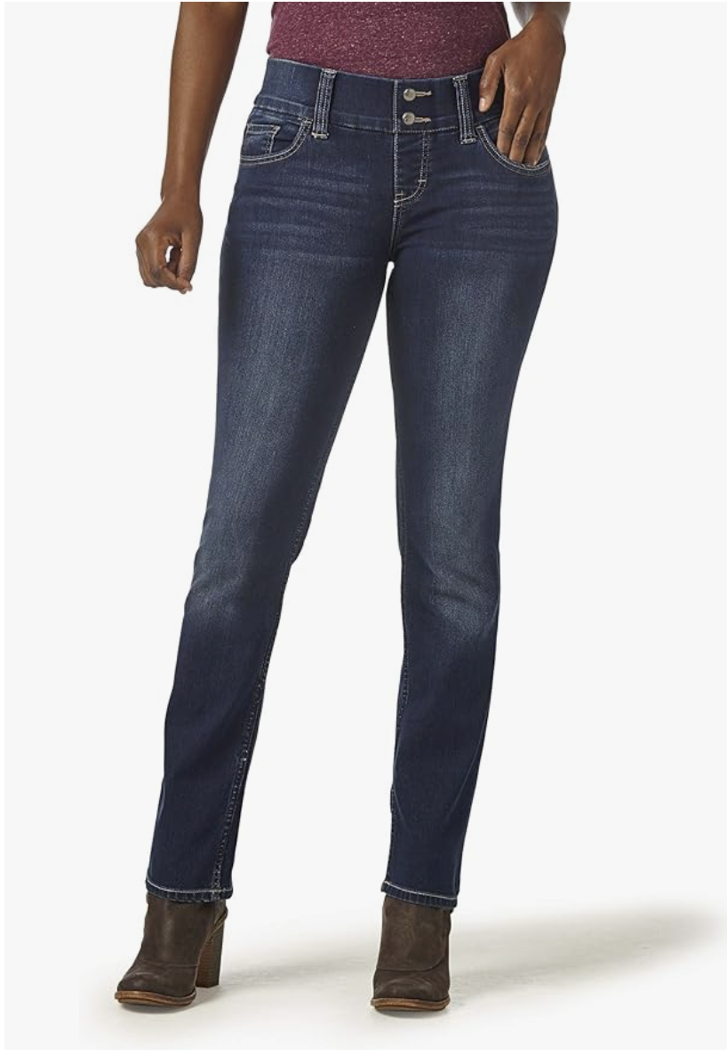 Riders by Lee Waist Smoother straight-leg pull-on jeans in a dark wash, featuring a faux button and zipper for a "real jeans" look with a comfortable tummy-smoothing waistband.