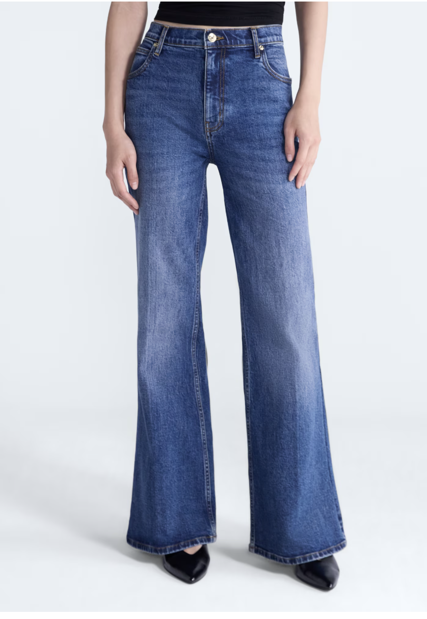 Scoop high-rise flare jeans with a pressed front crease.