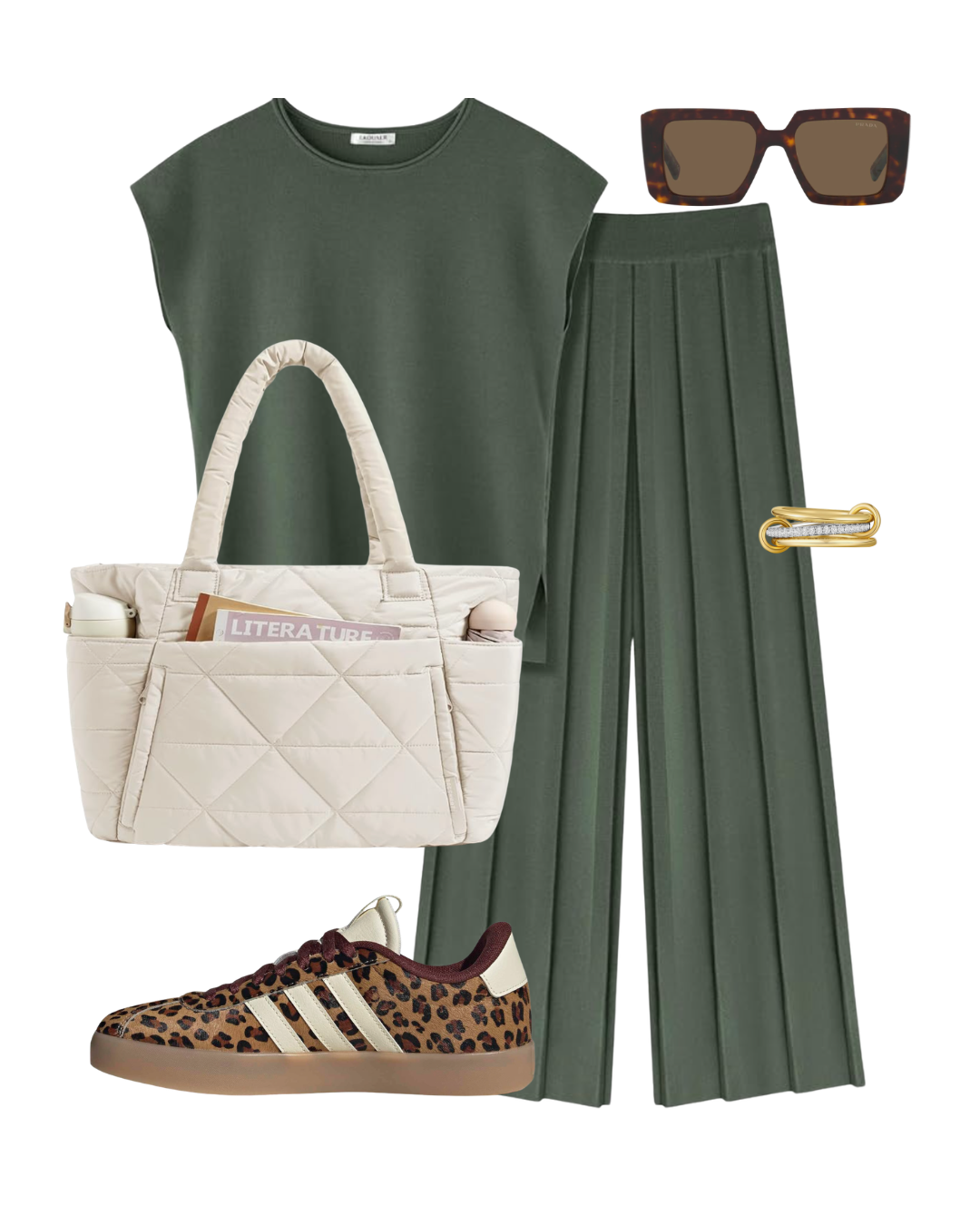 A midsize airport outfit formula featuring olive green pleated wide-leg trousers, a matching sleeveless knit top, leopard print sneakers, and a cream quilted travel tote bag.