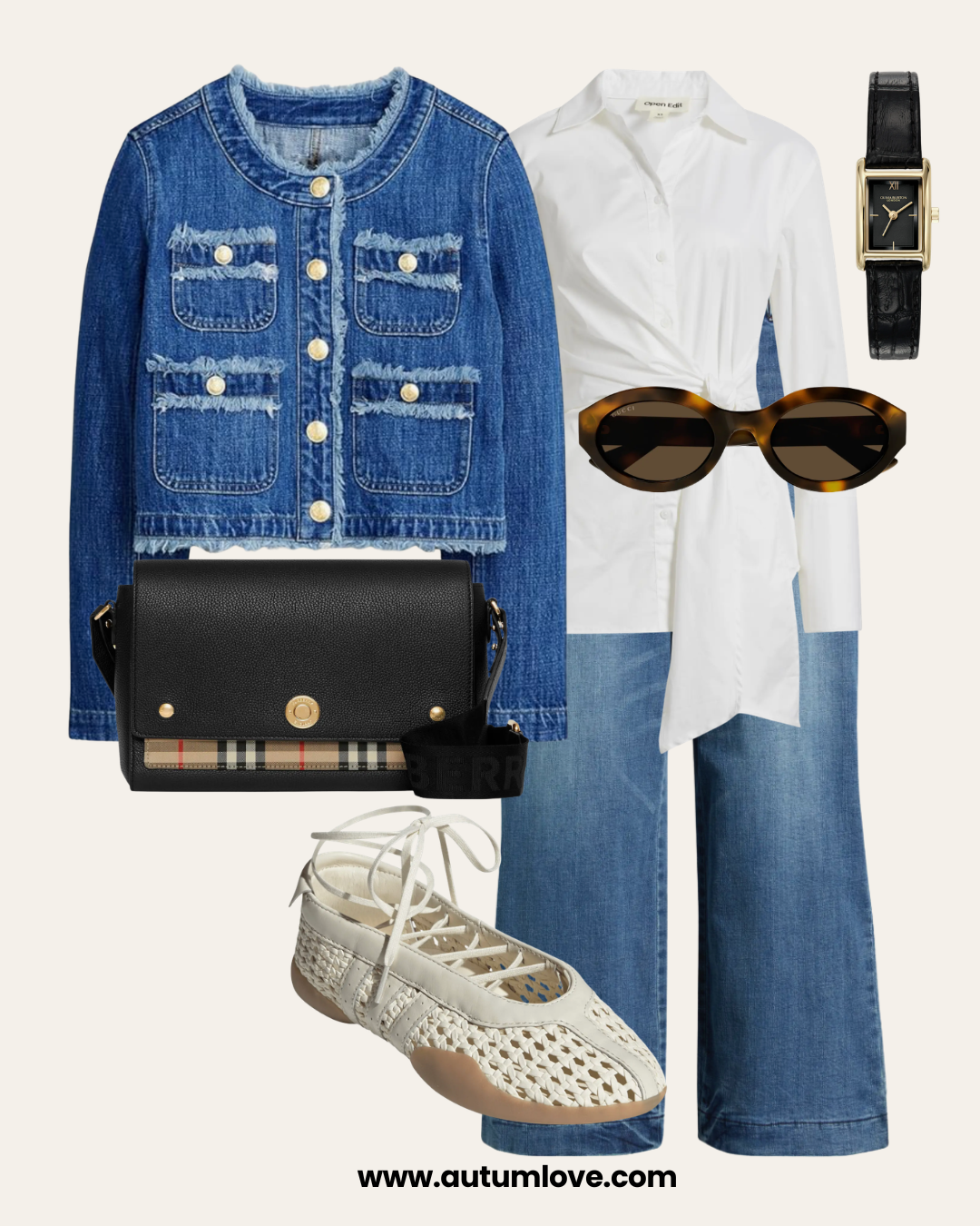 A fashion flat lay for a "Double Denim" weekend outfit featuring white mesh sneakerinas, a raw-hem denim jacket with gold buttons, straight-leg jeans, a white wrap-around blouse, and a black Burberry crossbody bag.