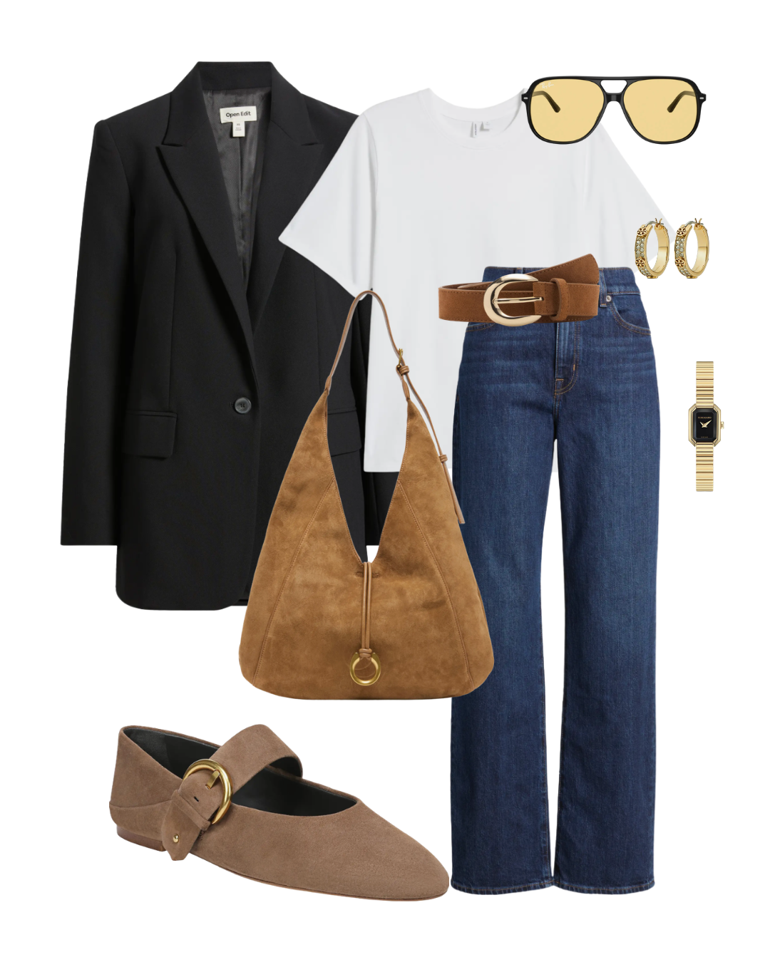 Straight-leg jeans worn with a soft blazer, knit top and loafers for a polished outfit over 50.