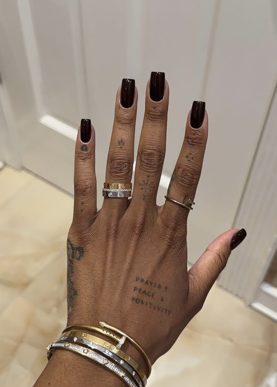 Medium-length square nails featuring a rich, high-gloss solid espresso dark brown nail polish.