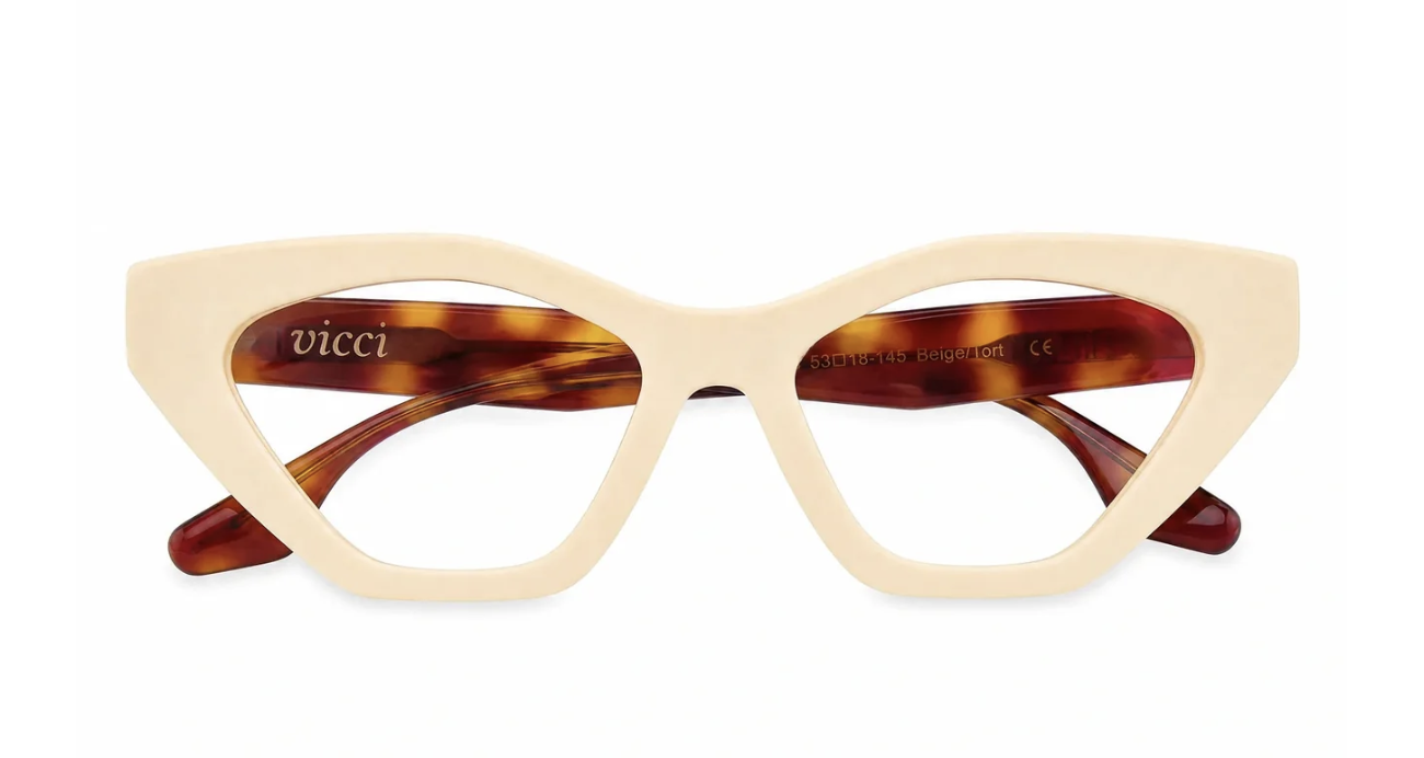 Amber and honey tortoise eyeglasses, the Vicci Lucia frame