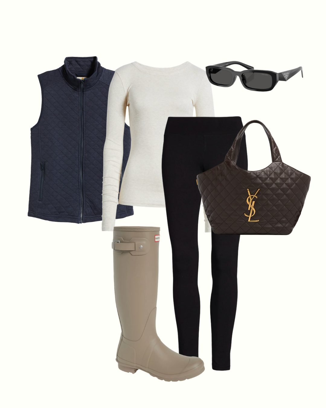 Flat lay of a navy quilted vest, cream long-sleeve tee, black leggings and tan weatherproof boots for a rainy pumpkin patch outfit