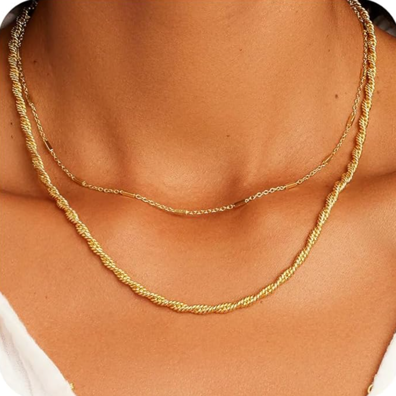 8K Gold Plated Herringbone Paperclip Chain Pearl Cuban Twist Rope Chain Necklace