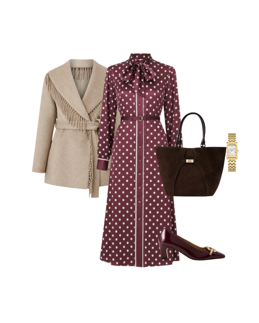 Full-length winter church outfit featuring burgundy christmas church dress and practical footwear