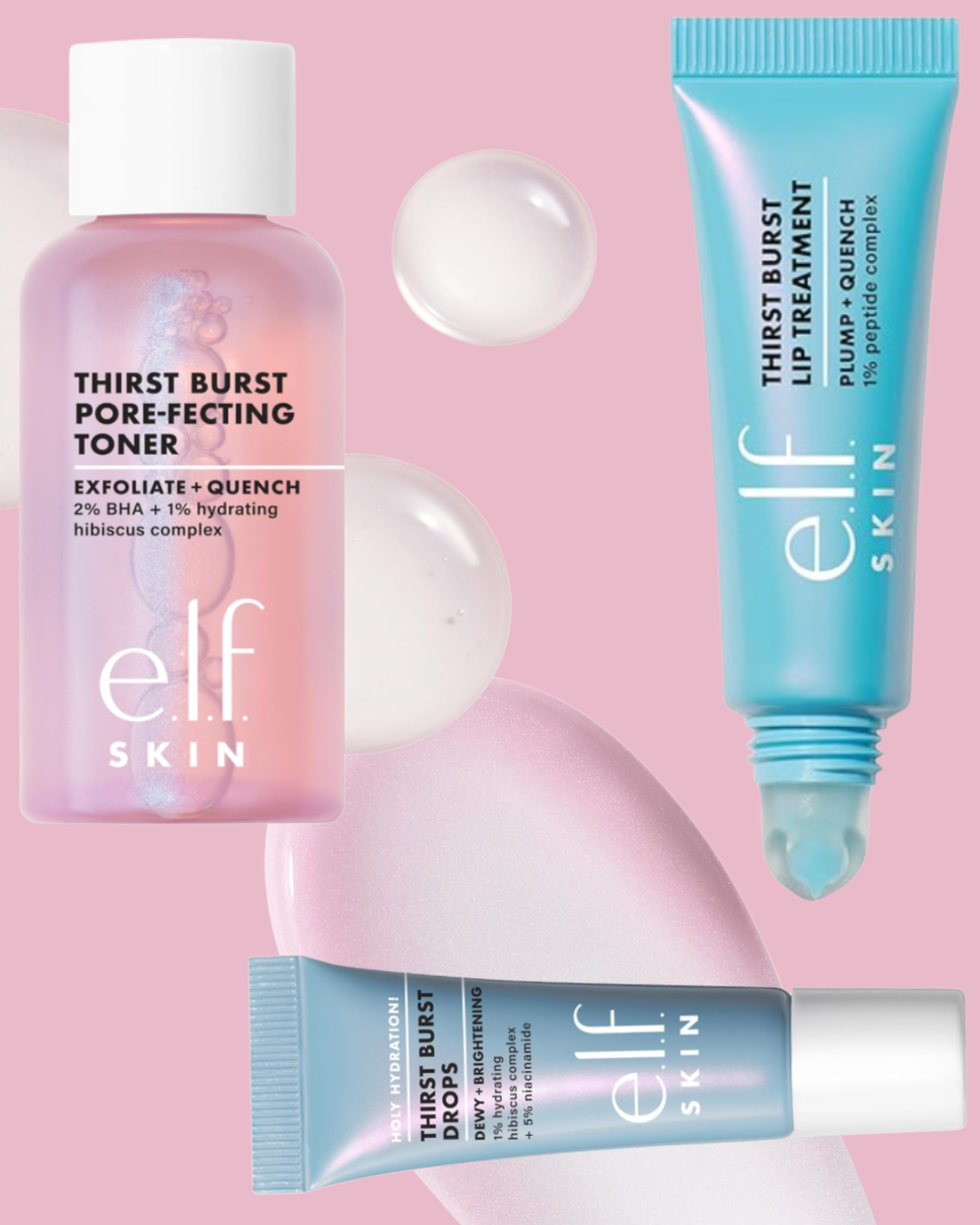 Four-panel digital mood board for e.l.f. SKIN Thirst Burst collection, featuring the travel set packaging, toner, serum drops, and peptide lip treatment on a clean white background.