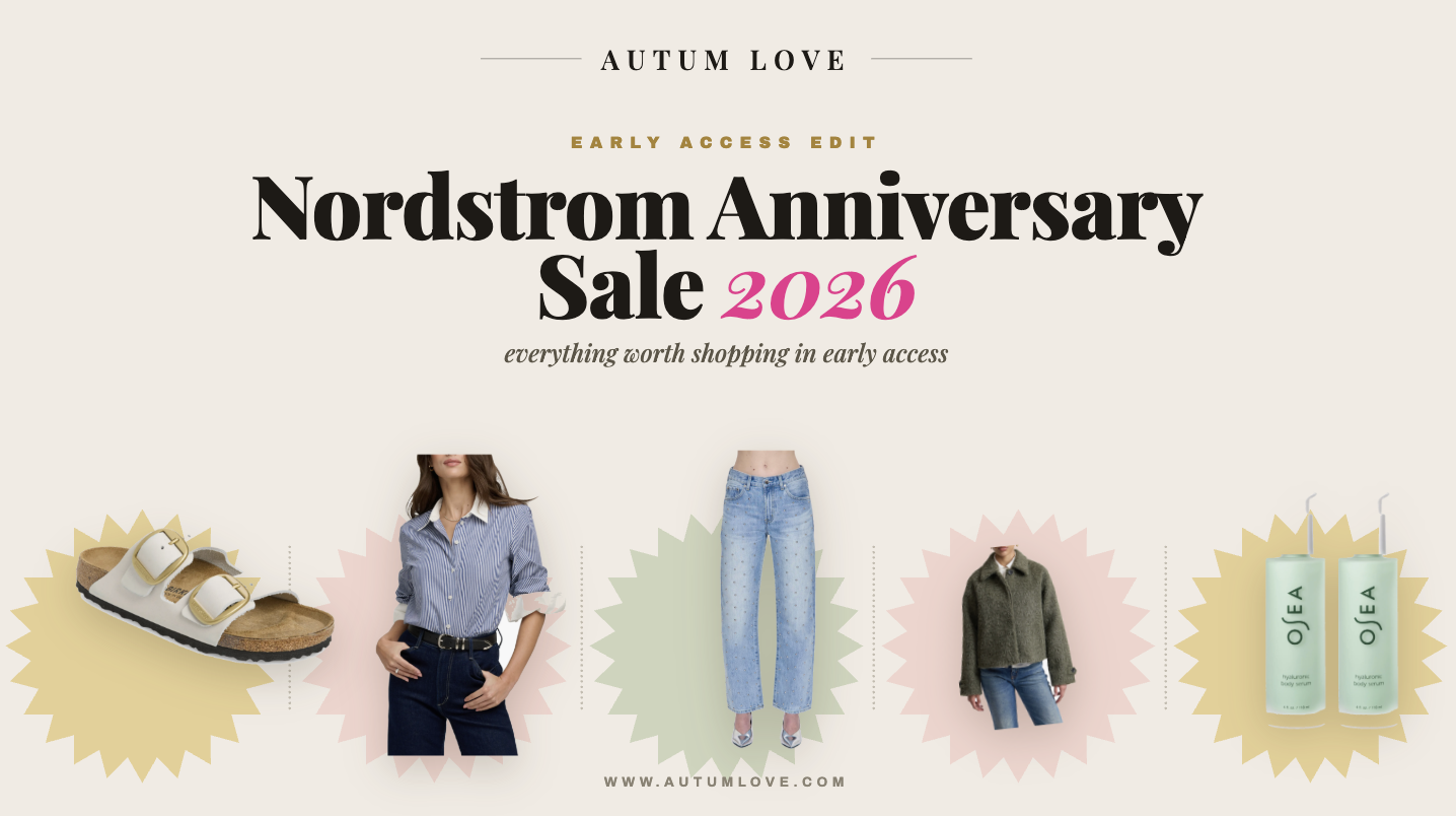 A promotional banner for the Nordstrom Anniversary Sale 2026 showing essential early access picks, including a white slide sandal, a blue striped button-up shirt, wide-leg jeans, and a olive green crop jacket.