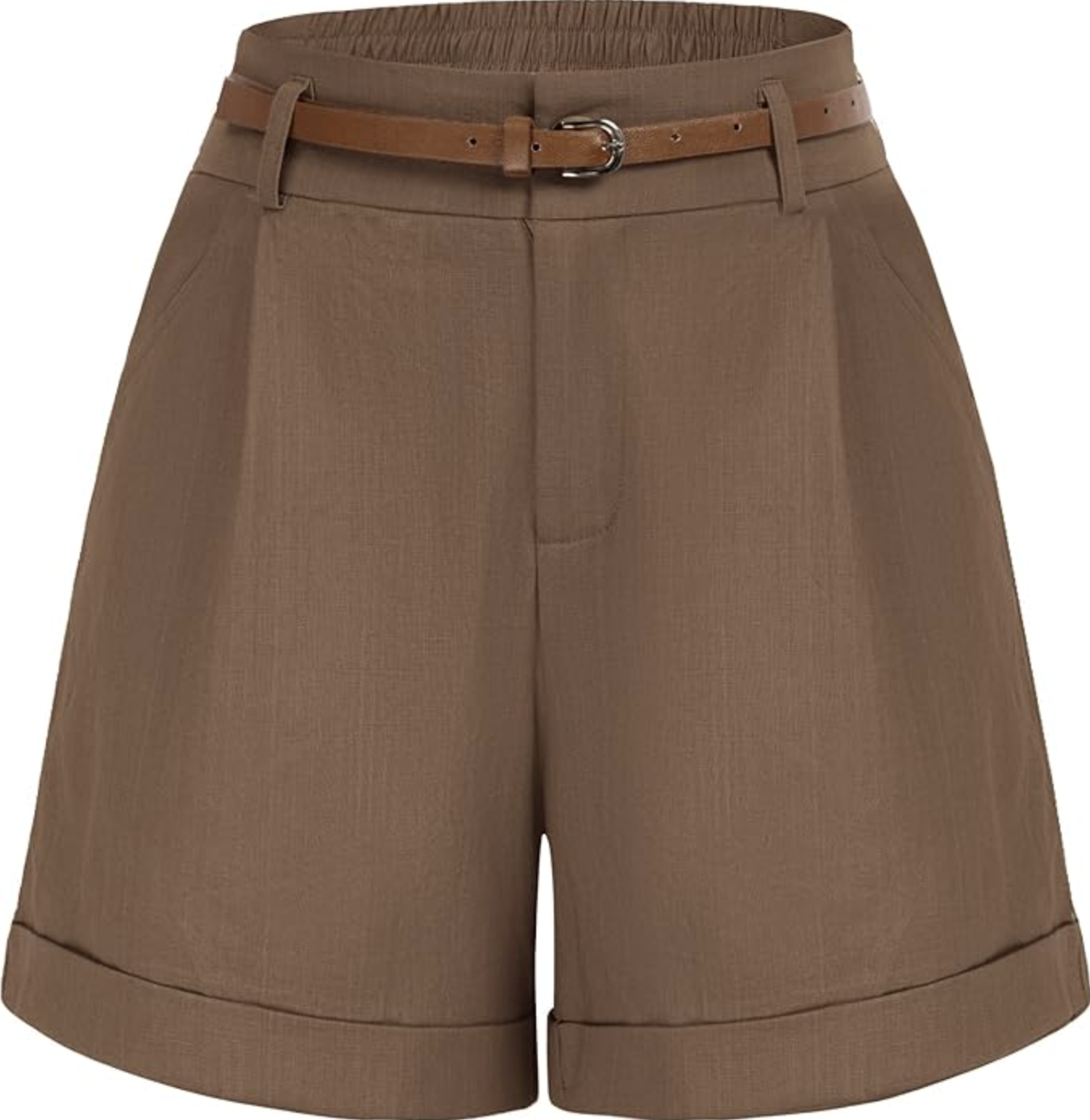 A pair of coffee brown A-line Bermuda shorts with a comfortable elastic waistband and cuffed hems, shown as a product flat-lay.