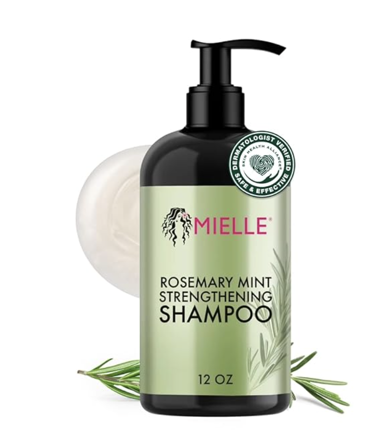 A bottle of Mielle Organics Rosemary Mint Strengthening Shampoo with Biotin to soothe itchy scalp and support hair growth.